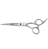 A professional hairdressing scissors with a polished finish, convex edge blades, and a fixed finger rest. The scissors are silver in color and appear to be designed for right-handed use.
