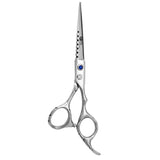 A professional hairdressing scissors with a polished finish, convex edge blades, and a fixed finger rest. The scissors are silver in color and appear to be designed for right-handed use.
