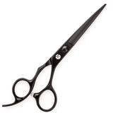 A pair of matte black hairdressing scissors with a fixed finger rest and convex edge blades.
