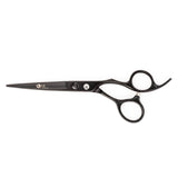 A pair of matte black hairdressing scissors with a fixed finger rest and convex edge blades.