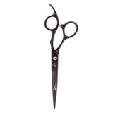 A pair of matte black hairdressing scissors with a fixed finger rest and convex edge blades.