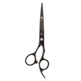 A pair of matte black hairdressing scissors with a fixed finger rest and convex edge blades.