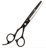 A professional matte black hair thinning scissors with a fixed finger rest and a beveled edge blade.
