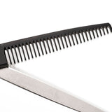 A professional matte black hair thinning scissors with a fixed finger rest and a beveled edge blade.
