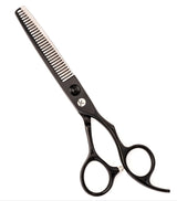 A professional matte black hair thinning scissors with a fixed finger rest and a beveled edge blade.