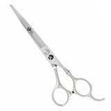 A pair of silver chrome hairdressing scissors with convex edge blades and an adjustable finger rest.