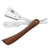 A straight razor with a wooden handle and a metal blade, closed.