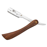 A straight razor with a wooden handle and a metal blade, closed.