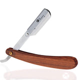 A wooden handle straight single blade razor with a silver head.
