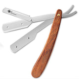 A wooden handle straight single blade razor with a silver head.