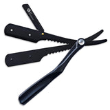 A black single blade razor with a twisted plastic handle and a straight razor blade.