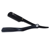 A black single blade razor with a twisted plastic handle and a straight razor blade.
