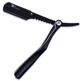 A black single blade razor with a twisted plastic handle and a straight razor blade.