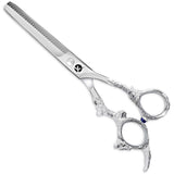 A pair of professional thinning scissors with beveled edge blades, polished finish, and an adjustable finger rest.