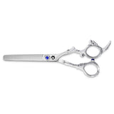 A pair of professional thinning scissors with beveled edge blades, polished finish, and an adjustable finger rest.
