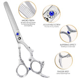 A pair of professional thinning scissors with beveled edge blades, polished finish, and an adjustable finger rest.
