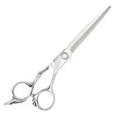 A pair of purple-handled hairdressing scissors with stainless steel blades and a fixed finger rest.
