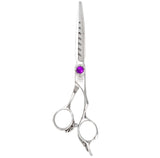 A pair of purple-handled hairdressing scissors with stainless steel blades and a fixed finger rest.