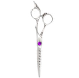 A pair of purple-handled hairdressing scissors with stainless steel blades and a fixed finger rest.