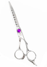 A pair of purple-handled hairdressing scissors with stainless steel blades and a fixed finger rest.