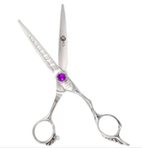 A pair of purple-handled hairdressing scissors with stainless steel blades and a fixed finger rest.