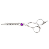 A pair of purple-handled hairdressing scissors with stainless steel blades and a fixed finger rest.