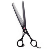 Matt black pet grooming hair thinning scissors with a convex edge and a fixed finger rest.
