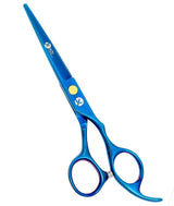 A pair of professional blue hairdressing scissors with a fixed finger rest and beveled edge blades.