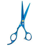 A pair of professional blue hairdressing scissors with a fixed finger rest and beveled edge blades.