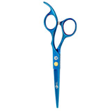 A pair of professional blue hairdressing scissors with a fixed finger rest and beveled edge blades.
