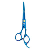 A pair of professional blue hairdressing scissors with a fixed finger rest and beveled edge blades.