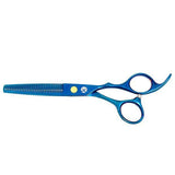 A pair of blue hair thinning scissors with a polished finish and texturizing comb.