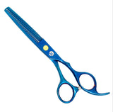 A pair of blue hair thinning scissors with a polished finish and texturizing comb.