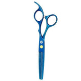 A pair of blue hair thinning scissors with a polished finish and texturizing comb.
