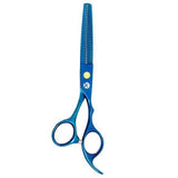 A pair of blue hair thinning scissors with a polished finish and texturizing comb.