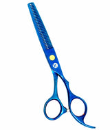 A pair of blue hair thinning scissors with a polished finish and texturizing comb.