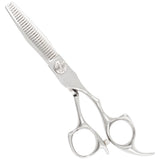 A pair of silver chrome hair thinning scissors with beveled edge blades and a fixed finger rest.