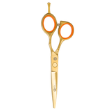 A pair of golden 5.5 hairdressing scissors with convex edge blades and a fixed finger rest.