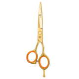 A pair of golden 5.5 hairdressing scissors with convex edge blades and a fixed finger rest.