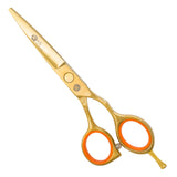 A pair of golden 5.5 hairdressing scissors with convex edge blades and a fixed finger rest.