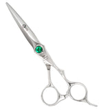 A pair of silver-colored hairdressing scissors with a green crystal on the handle, designed for professional use.