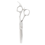A pair of silver chrome hair thinning scissors with beveled edge blades and a fixed finger rest.