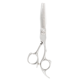 A pair of silver chrome hair thinning scissors with beveled edge blades and a fixed finger rest.