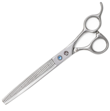 A pair of professional pet hair thinning scissors with a silver chrome finish and convex edge blades.