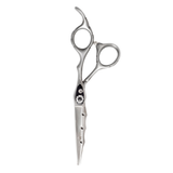 A pair of professional curved hairdressing scissors made from high-quality Japanese stainless steel with a matte silver finish, featuring a fixed finger rest and an adjustable screw.
