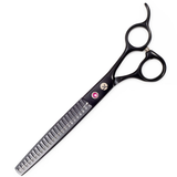 A pair of matt black, professional pet hair thinning scissors with wider teeth and a fixed finger rest.
