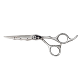 A pair of professional curved hairdressing scissors made from high-quality Japanese stainless steel with a matte silver finish, featuring a fixed finger rest and an adjustable screw.