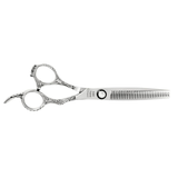 A professional silver-thrusted thinning scissors with a fixed finger rest and beveled edge blade.