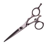 A professional hairdressing scissors with a swivel feature, polished finish, and black color.