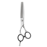 A pair of left-handed professional thinning scissors with a polished finish, featuring beveled edge blades and a fixed screw mechanism.